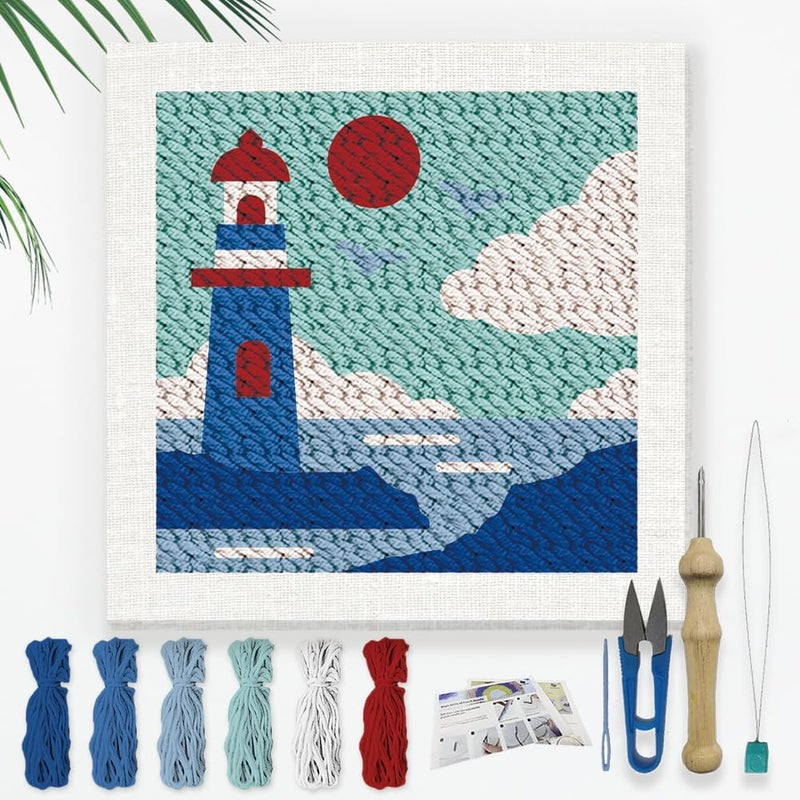 DOODLREAM Lighthouse DIY Punch Needle Embroidery Kit for Adult Beginner, 9.4" Sea Building Punch Stitching Craft Set for Starter with Frame, Fabric Pattern, Threader, Yarn, Pinch Needle - Image 1